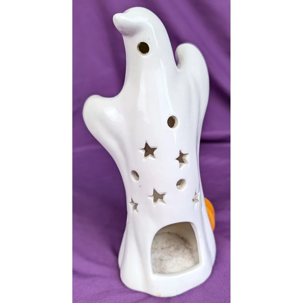 Vintage Ceramic Ghost Pumpkin Jack O Lantern Tea Light Holder Stars Moons